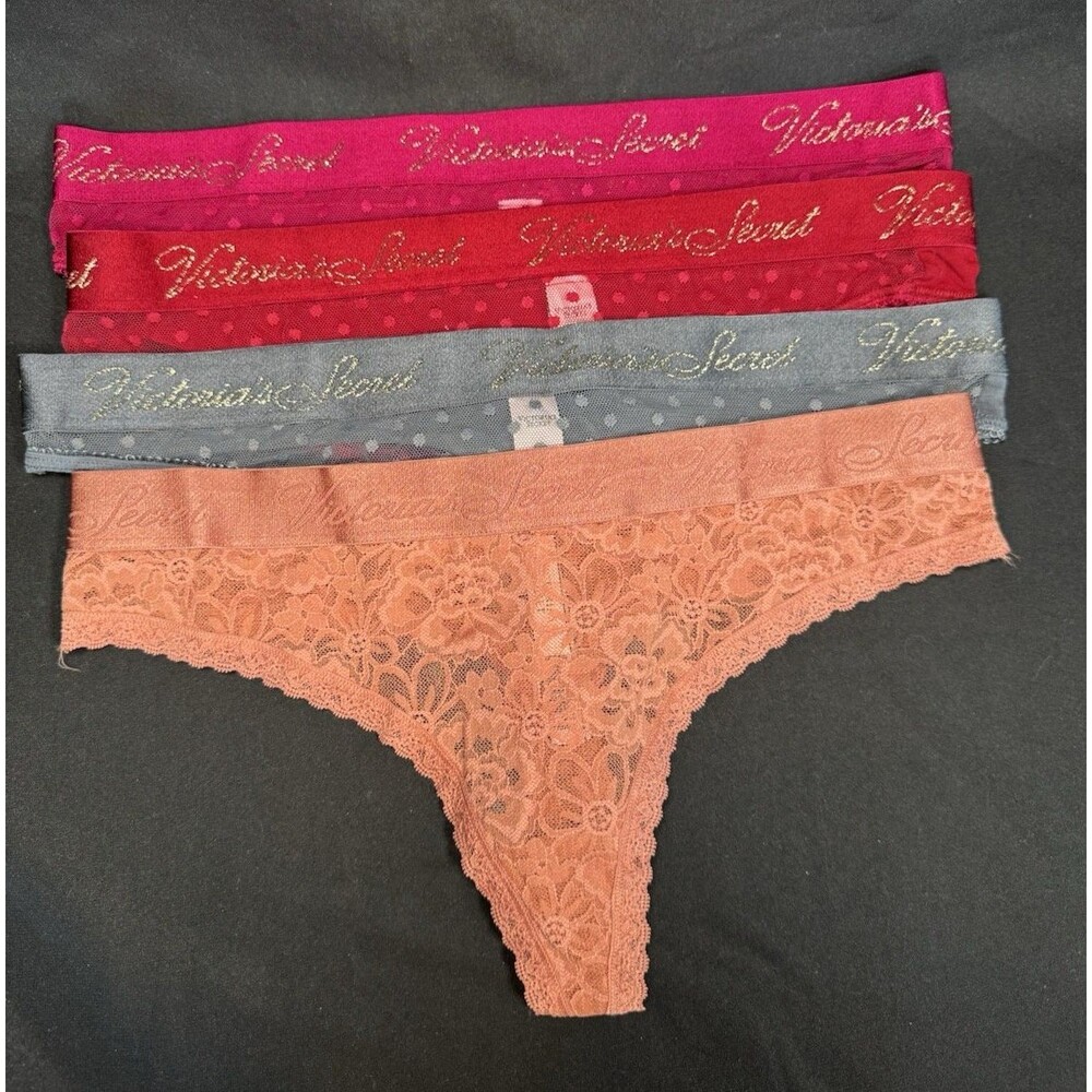 Victoria's Secret Thong 4 Bundle Under Wear Large Lace Thick Waistband Logo NWOT